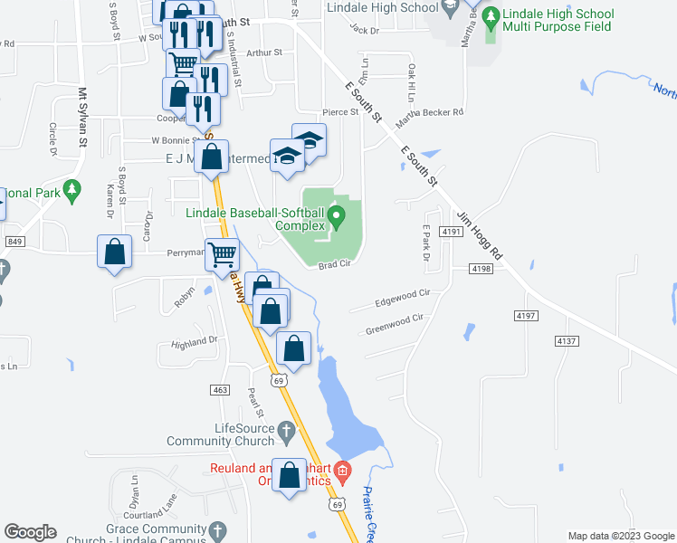 map of restaurants, bars, coffee shops, grocery stores, and more near 1230 Brad Circle in Lindale