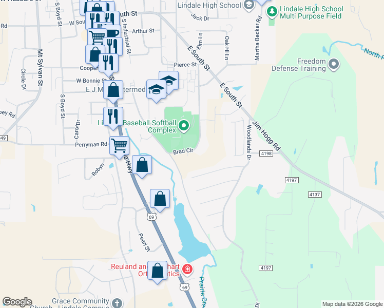 map of restaurants, bars, coffee shops, grocery stores, and more near 1222 Brad Circle in Lindale
