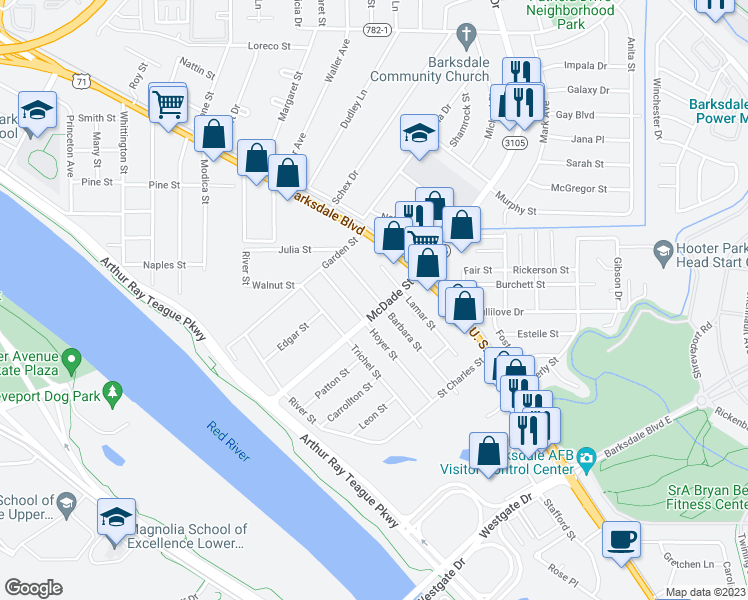 map of restaurants, bars, coffee shops, grocery stores, and more near 2472 Barbara Street in Bossier City