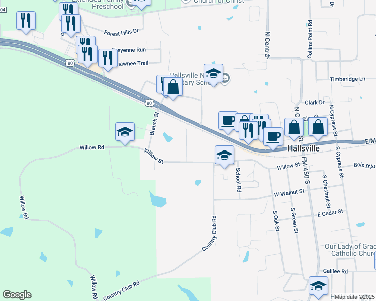 map of restaurants, bars, coffee shops, grocery stores, and more near 103 Willow Creek Court in Hallsville