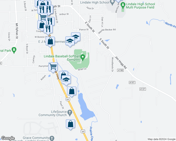 map of restaurants, bars, coffee shops, grocery stores, and more near 809 Edgewood Circle in Lindale
