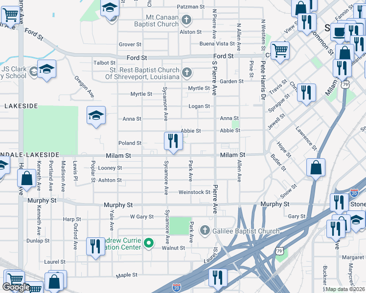 map of restaurants, bars, coffee shops, grocery stores, and more near 1737 Milam Street in Shreveport