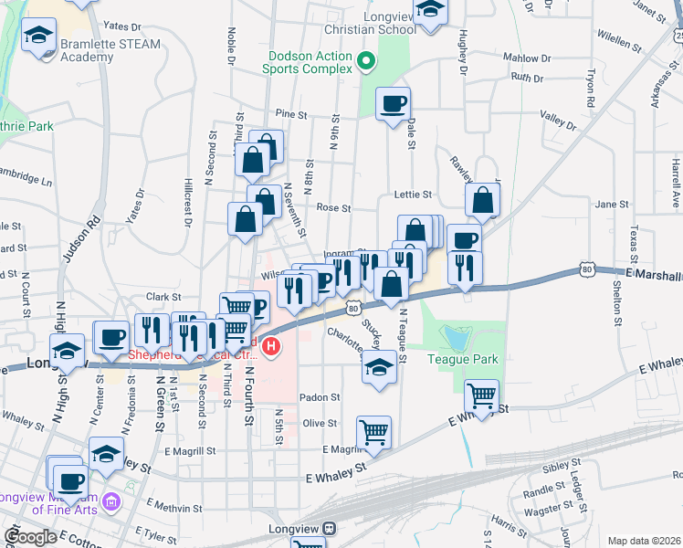 map of restaurants, bars, coffee shops, grocery stores, and more near 1017 East Marshall Avenue in Longview