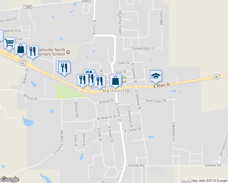 map of restaurants, bars, coffee shops, grocery stores, and more near 102 South Central Street in Hallsville