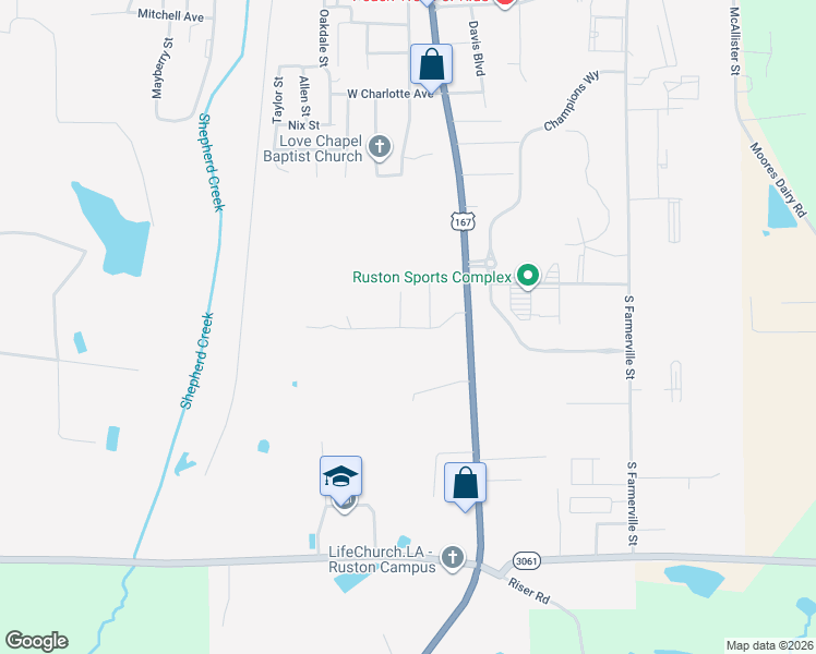 map of restaurants, bars, coffee shops, grocery stores, and more near 2000 South Vienna Street in Ruston