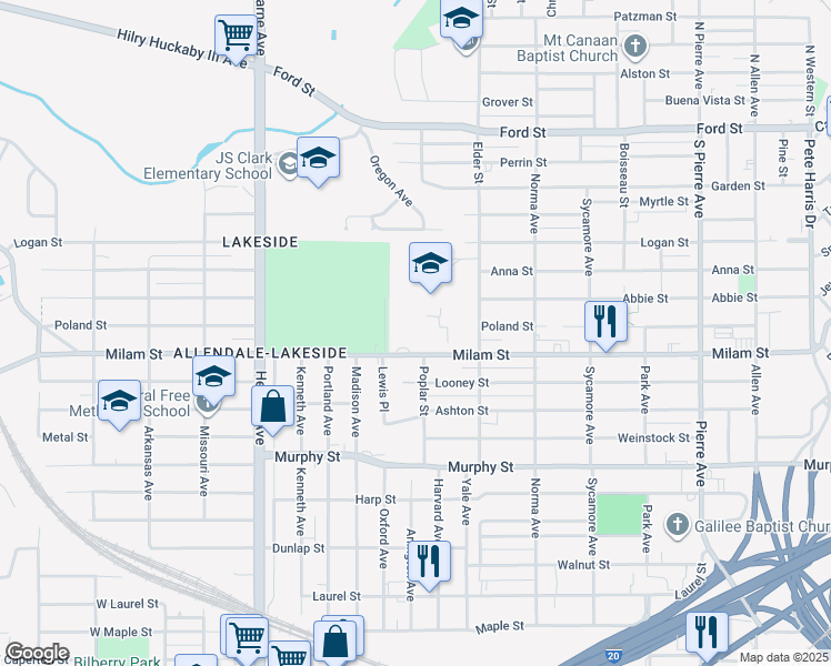 map of restaurants, bars, coffee shops, grocery stores, and more near 2104 Milam Street in Shreveport