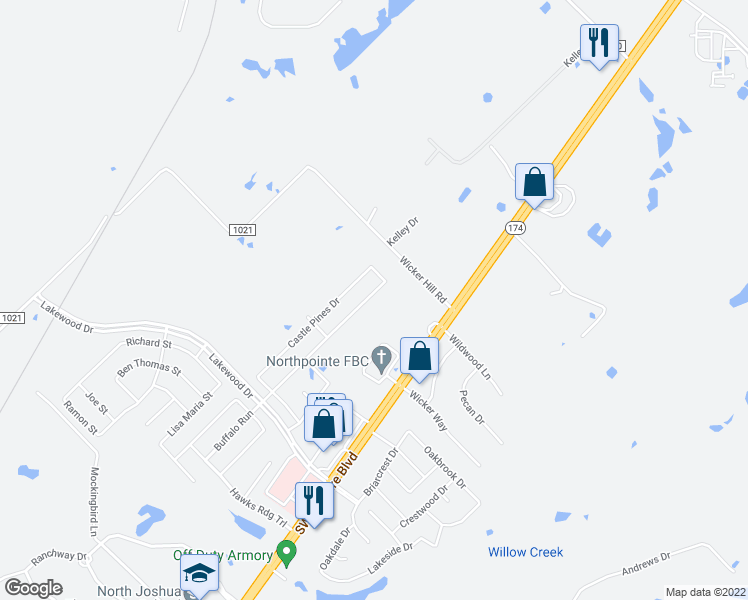 map of restaurants, bars, coffee shops, grocery stores, and more near 2413 Buffalo Run in Burleson