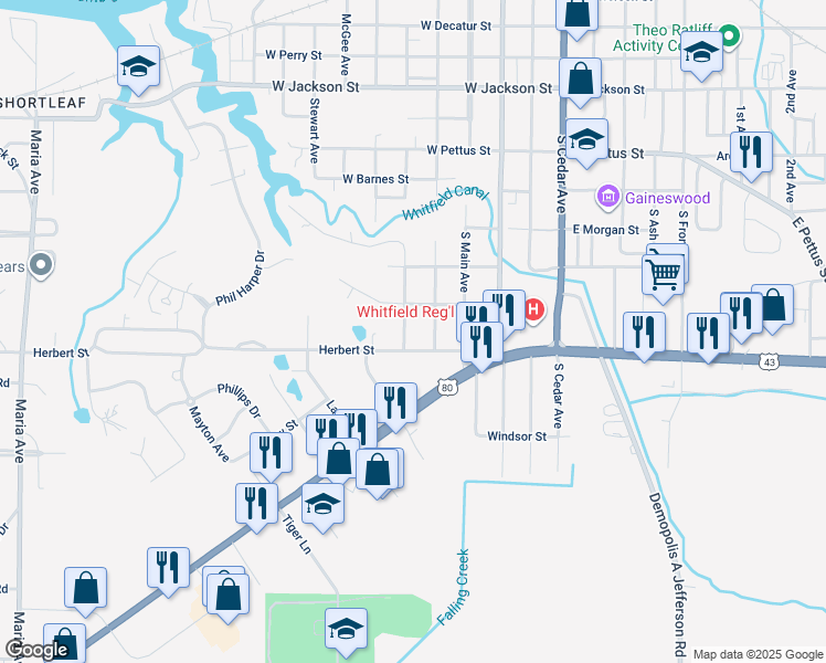 map of restaurants, bars, coffee shops, grocery stores, and more near 1100-1110 Desnouettes Avenue in Demopolis