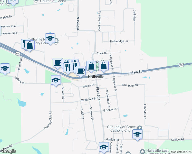 map of restaurants, bars, coffee shops, grocery stores, and more near in Hallsville
