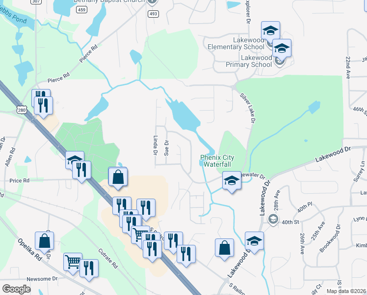 map of restaurants, bars, coffee shops, grocery stores, and more near 4415 Bridgewater Circle in Phenix City