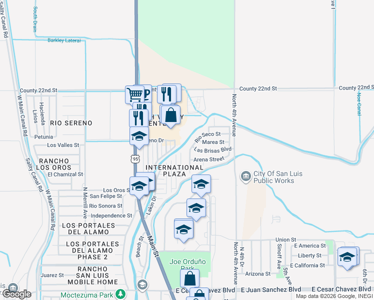map of restaurants, bars, coffee shops, grocery stores, and more near 1474-1520 Rio Seco Street in San Luis