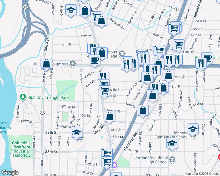 map of restaurants, bars, coffee shops, grocery stores, and more near 1002 43rd Street in Columbus