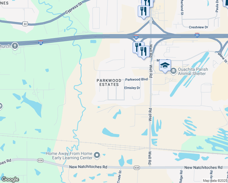 map of restaurants, bars, coffee shops, grocery stores, and more near 105 Mossy Oak Drive in West Monroe