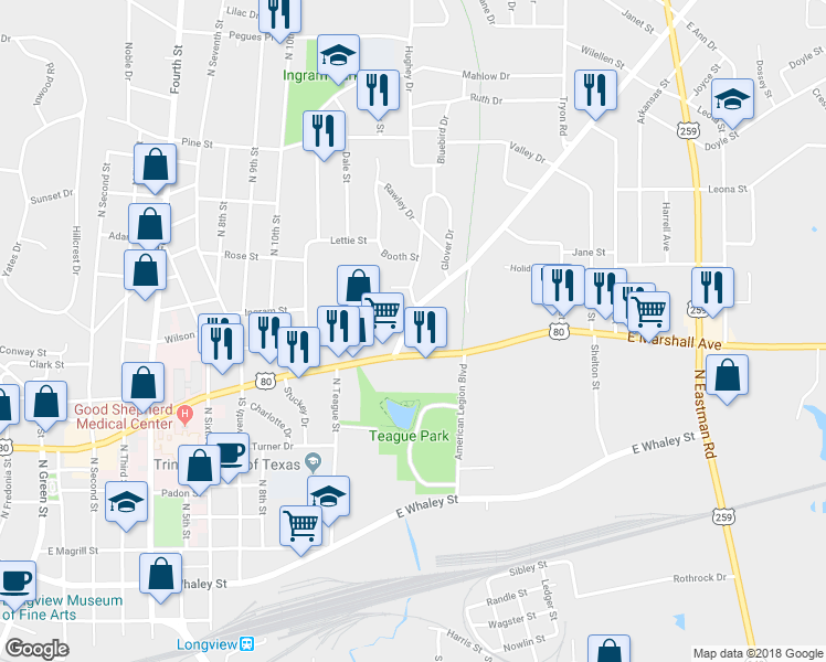 map of restaurants, bars, coffee shops, grocery stores, and more near 1252 Farm to Market Road 2208 in Longview