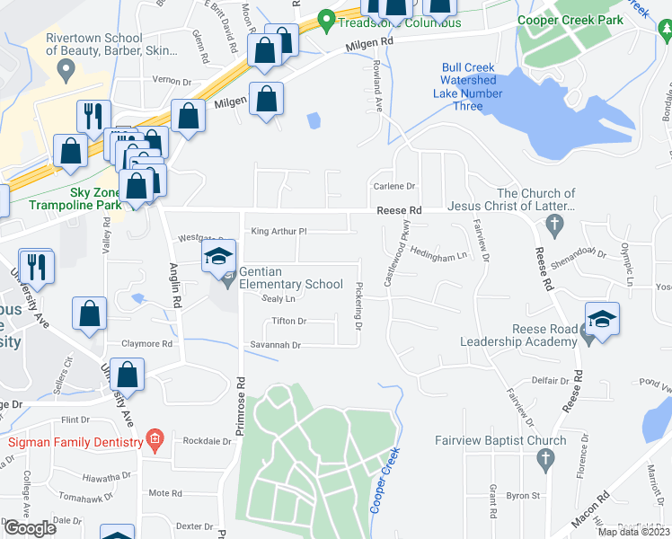 map of restaurants, bars, coffee shops, grocery stores, and more near 4142 Norwood Drive in Columbus