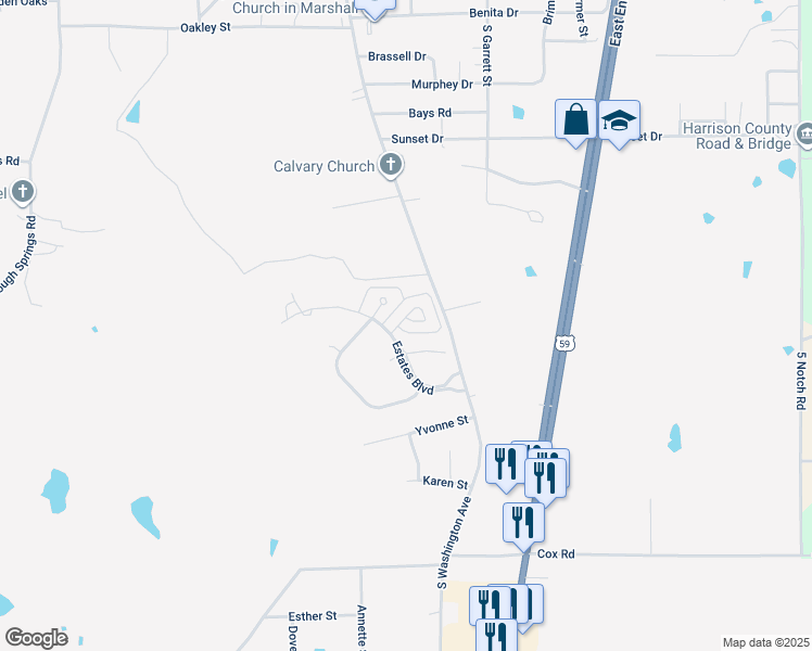 map of restaurants, bars, coffee shops, grocery stores, and more near 113 Garden Vista Drive in Marshall