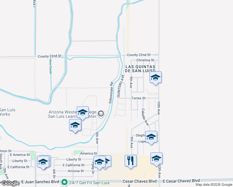 map of restaurants, bars, coffee shops, grocery stores, and more near 8th Avenue in San Luis