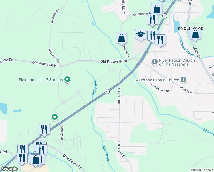 map of restaurants, bars, coffee shops, grocery stores, and more near 2865 Alabama 14 in Millbrook