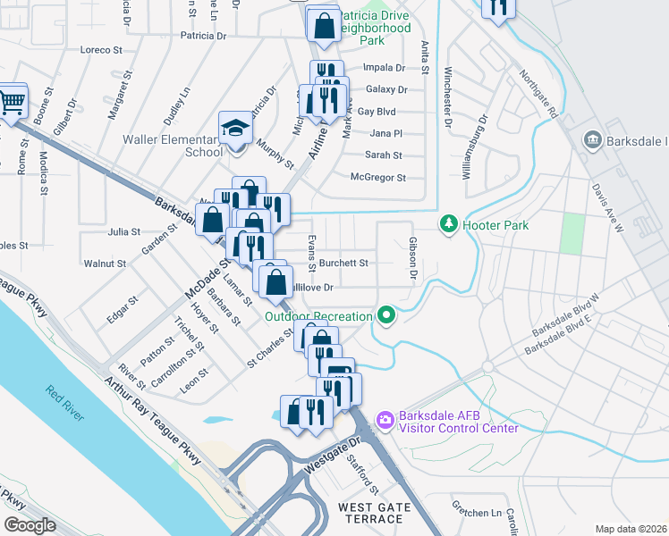 map of restaurants, bars, coffee shops, grocery stores, and more near 1221 Burchett Street in Bossier City