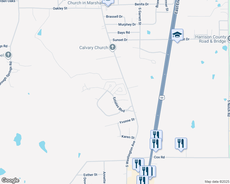 map of restaurants, bars, coffee shops, grocery stores, and more near 113 Garden Vista Drive in Marshall