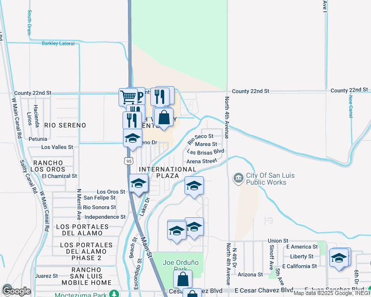 map of restaurants, bars, coffee shops, grocery stores, and more near 1474 Rio Seco Street in San Luis