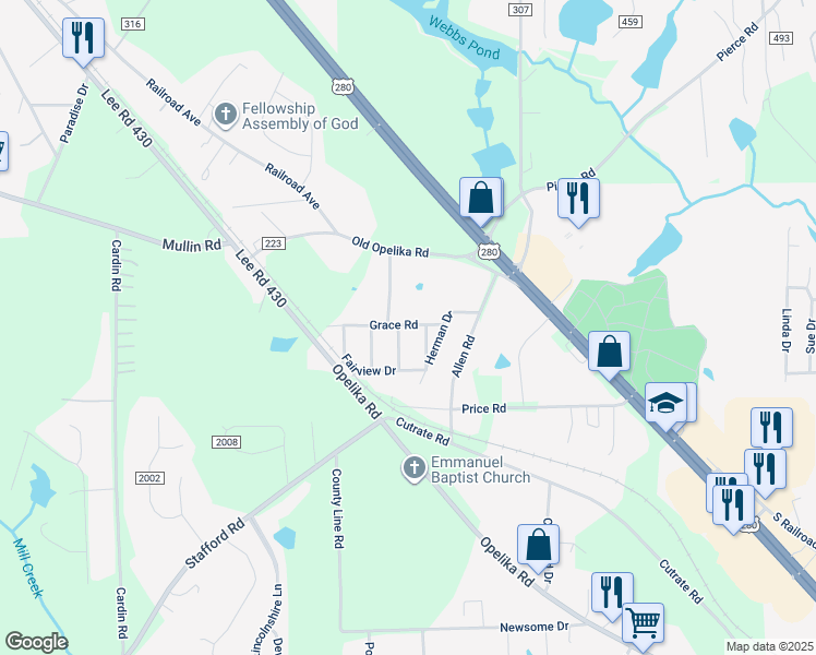 map of restaurants, bars, coffee shops, grocery stores, and more near 6-12 Grace Road in Phenix City