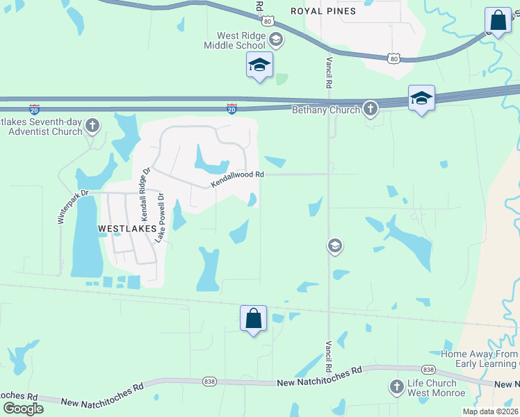 map of restaurants, bars, coffee shops, grocery stores, and more near 106 Byrd Road in West Monroe