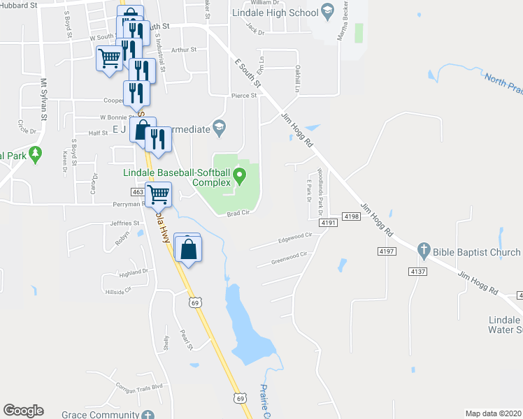 map of restaurants, bars, coffee shops, grocery stores, and more near 1210 Brad Circle in Lindale