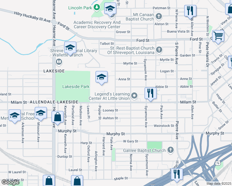 map of restaurants, bars, coffee shops, grocery stores, and more near 1956 Poland Street in Shreveport