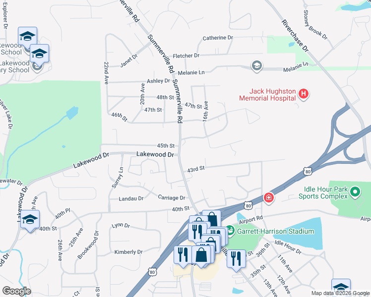 map of restaurants, bars, coffee shops, grocery stores, and more near 1607 45th Street in Phenix City