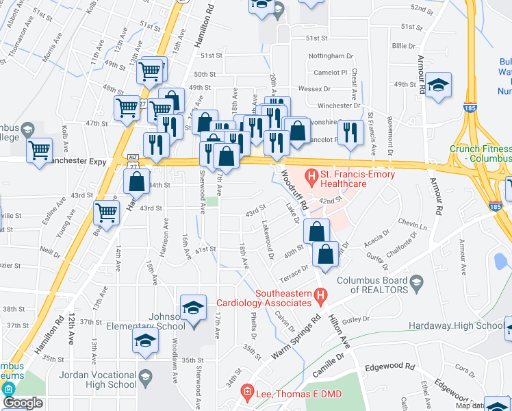 map of restaurants, bars, coffee shops, grocery stores, and more near 1919 43rd Street in Columbus