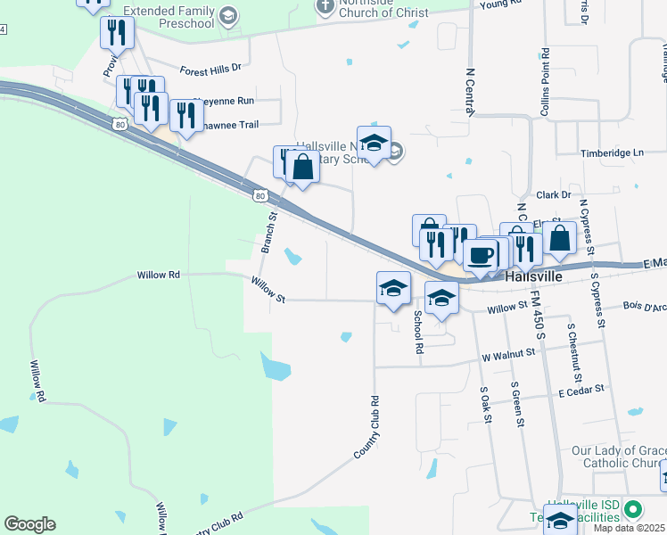 map of restaurants, bars, coffee shops, grocery stores, and more near 107 Willow Creek Court in Hallsville