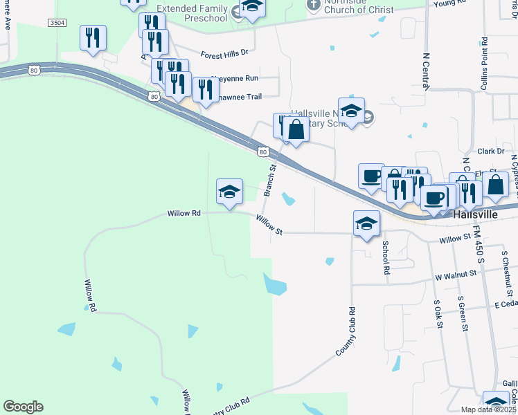 map of restaurants, bars, coffee shops, grocery stores, and more near 113 Branch Street in Hallsville