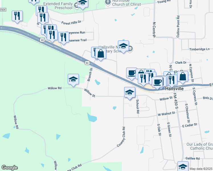 map of restaurants, bars, coffee shops, grocery stores, and more near 107 Willow Creek Court in Hallsville