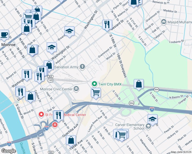 map of restaurants, bars, coffee shops, grocery stores, and more near 1298 Oak Street in Monroe