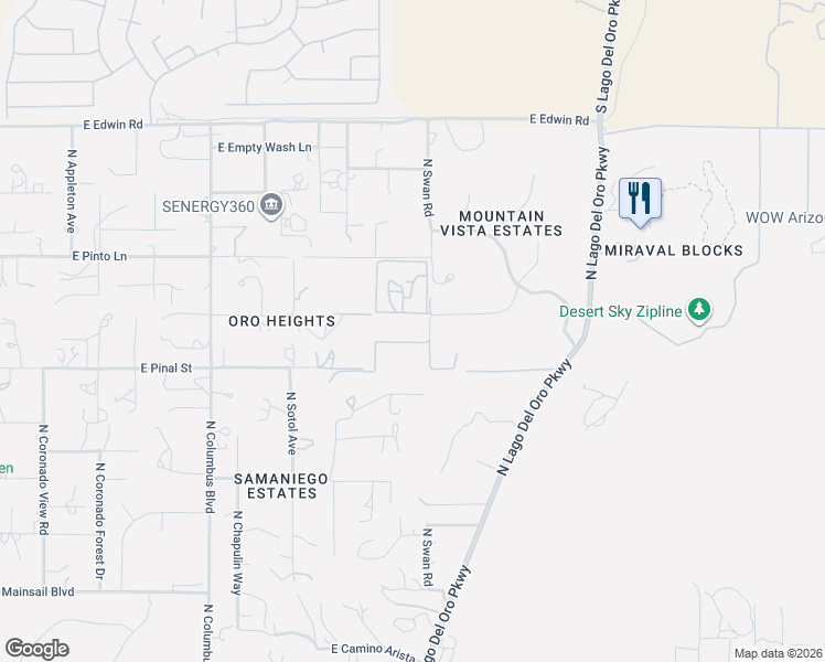 map of restaurants, bars, coffee shops, grocery stores, and more near 4677 East Rail North Road in Tucson