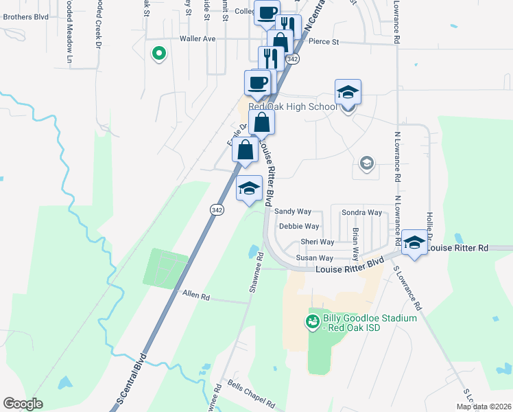 map of restaurants, bars, coffee shops, grocery stores, and more near 136 Louise Ritter Drive in Red Oak