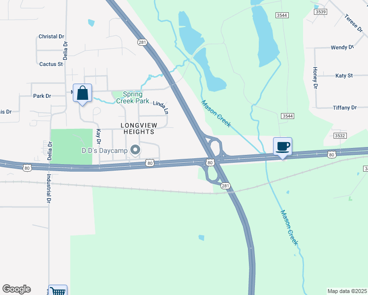 map of restaurants, bars, coffee shops, grocery stores, and more near 3401 East Marshall Avenue in Longview