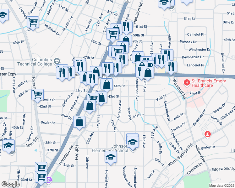 map of restaurants, bars, coffee shops, grocery stores, and more near 4307 Harrison Avenue in Columbus