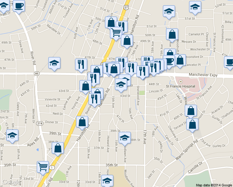 map of restaurants, bars, coffee shops, grocery stores, and more near 4301 Harrison Avenue in Columbus