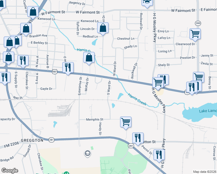 map of restaurants, bars, coffee shops, grocery stores, and more near 101-111 S Ward Dr in Longview
