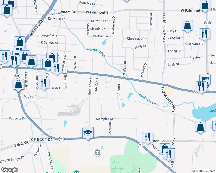 map of restaurants, bars, coffee shops, grocery stores, and more near 204 Princess Lane in Longview