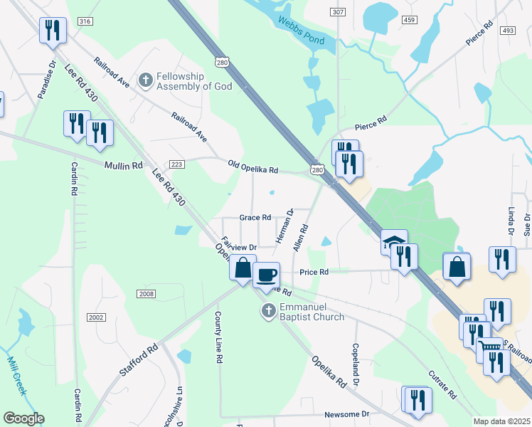 map of restaurants, bars, coffee shops, grocery stores, and more near 12 Grace Road in Phenix City