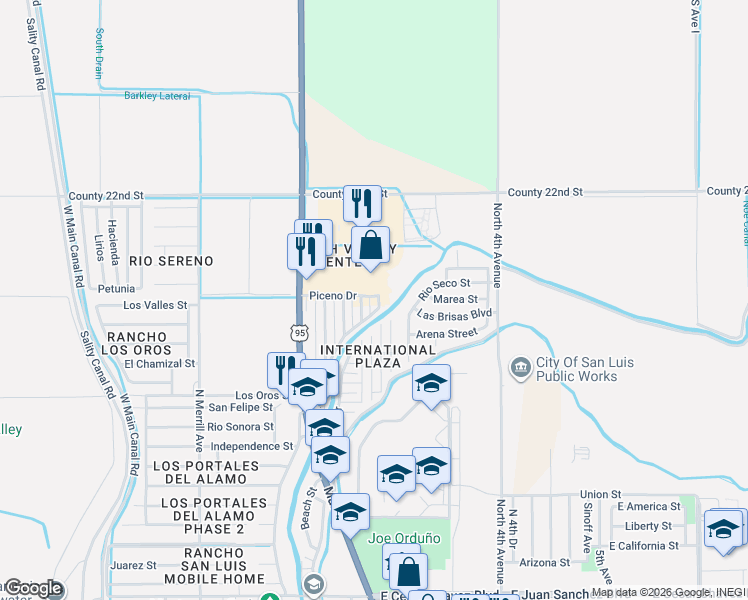 map of restaurants, bars, coffee shops, grocery stores, and more near 22301-22321 Dimas Avenue in San Luis