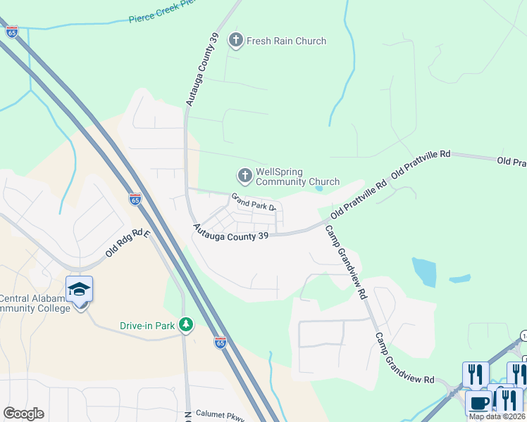 map of restaurants, bars, coffee shops, grocery stores, and more near 124 Grand Park Drive in Deatsville