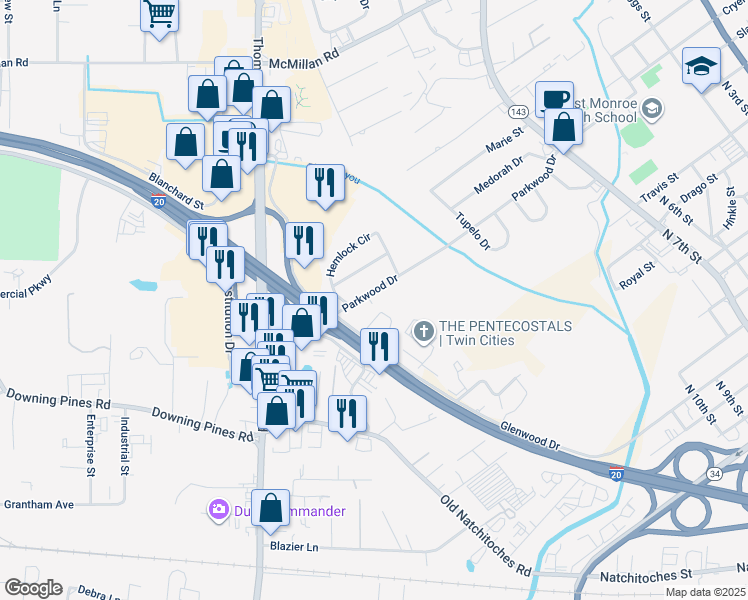 map of restaurants, bars, coffee shops, grocery stores, and more near 907 Parkwood Drive in West Monroe