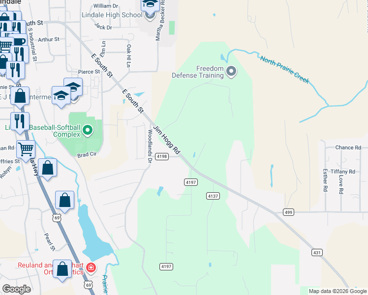 map of restaurants, bars, coffee shops, grocery stores, and more near 16300-16376 Jim Hogg Road in Lindale