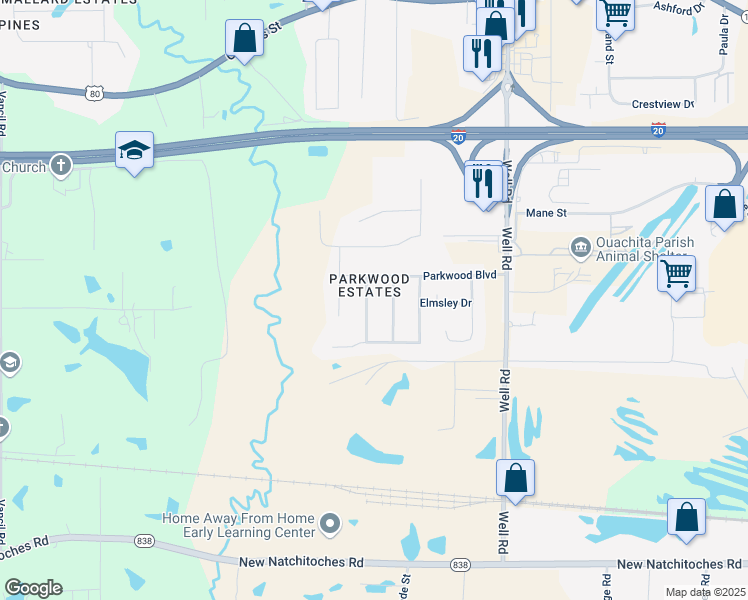 map of restaurants, bars, coffee shops, grocery stores, and more near 105 Mossy Oak Dr in West Monroe