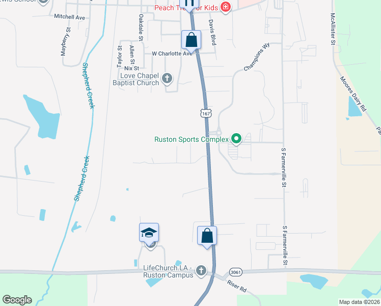map of restaurants, bars, coffee shops, grocery stores, and more near 2100-2398 South Vienna Street in Ruston