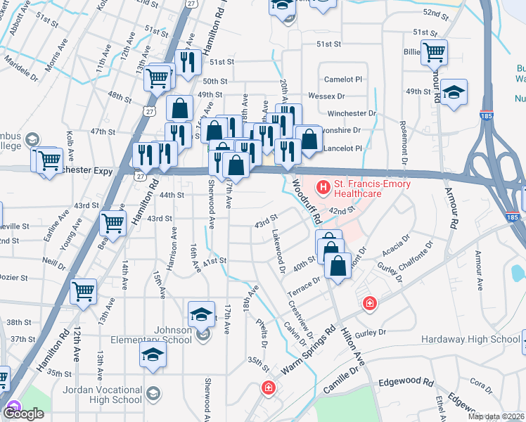 map of restaurants, bars, coffee shops, grocery stores, and more near 1904 Lincoln Street in Columbus